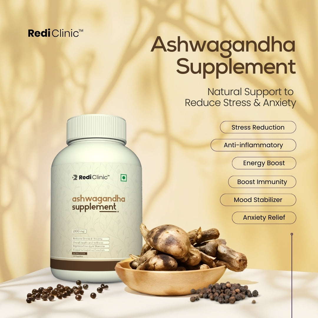 RediClinic Ashwagandha Supplement: Organic Extract with Black Pepper | 2100mg | 90 Capsules