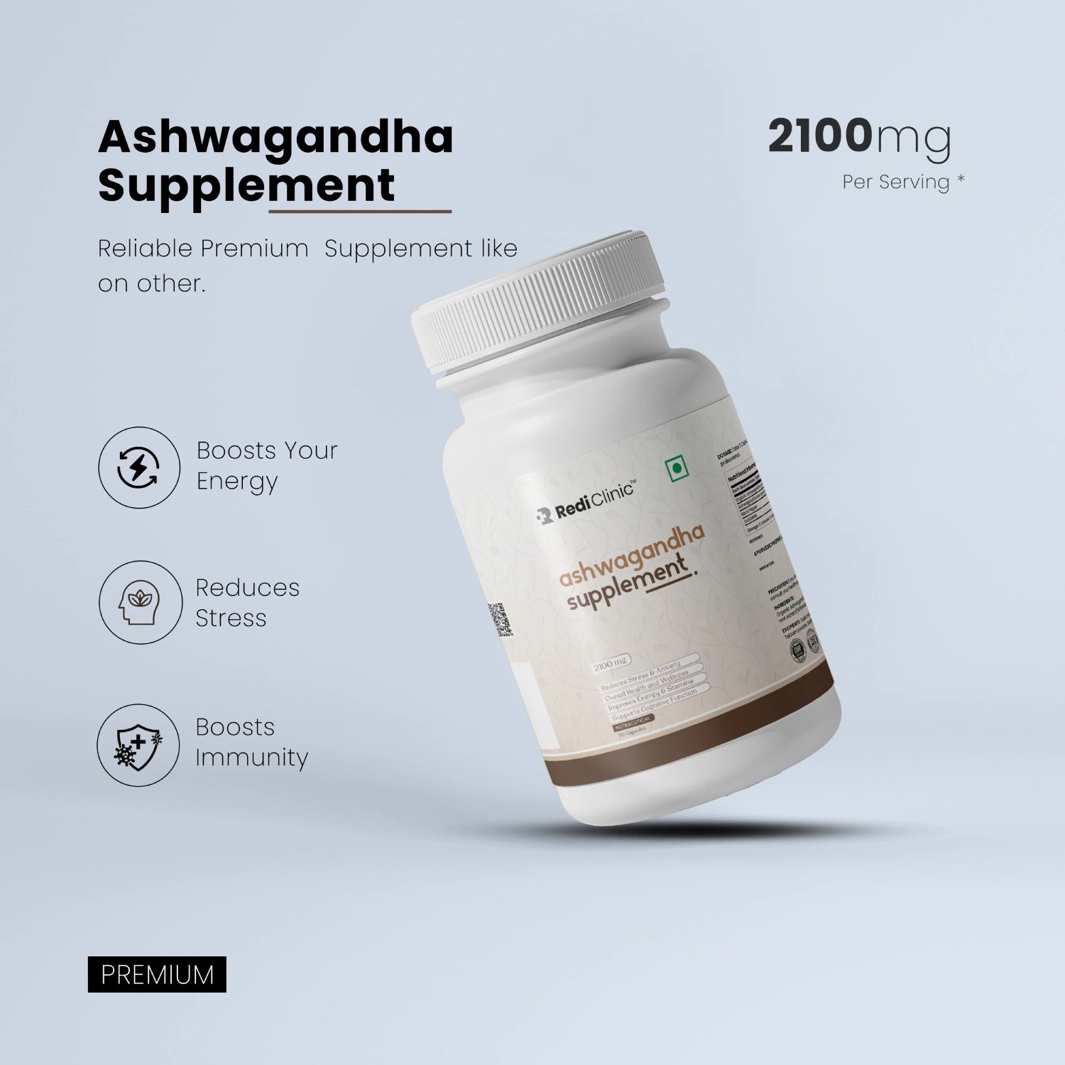 RediClinic Ashwagandha Supplement: Organic Extract with Black Pepper | 2100mg | 90 Capsules