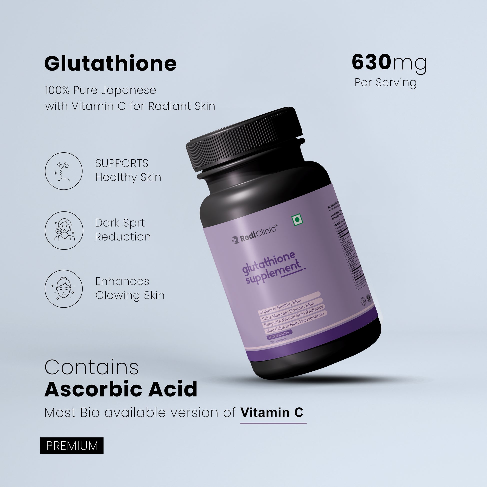 RediClinic Glutathione Supplement: 100% Pure Japanese Glutathione with Vitamin C for Radiant Skin