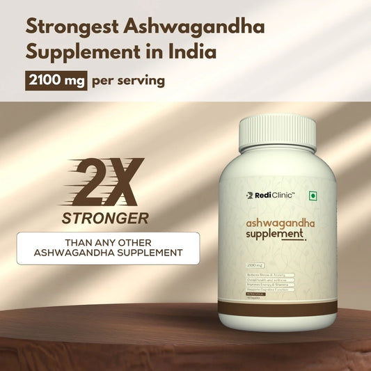 RediClinic Ashwagandha Supplement: Organic Extract with Black Pepper | 2100mg | 90 Capsules