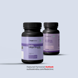 RediClinic  Glowtine Essence | Combo Of Pure Japanese Glutathione (500mg) And Biotin Collagen, Keratin (25000mcg)