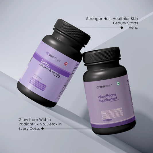 RediClinic  Glowtine Essence | Combo Of Pure Japanese Glutathione (500mg) And Biotin Collagen, Keratin (25000mcg)